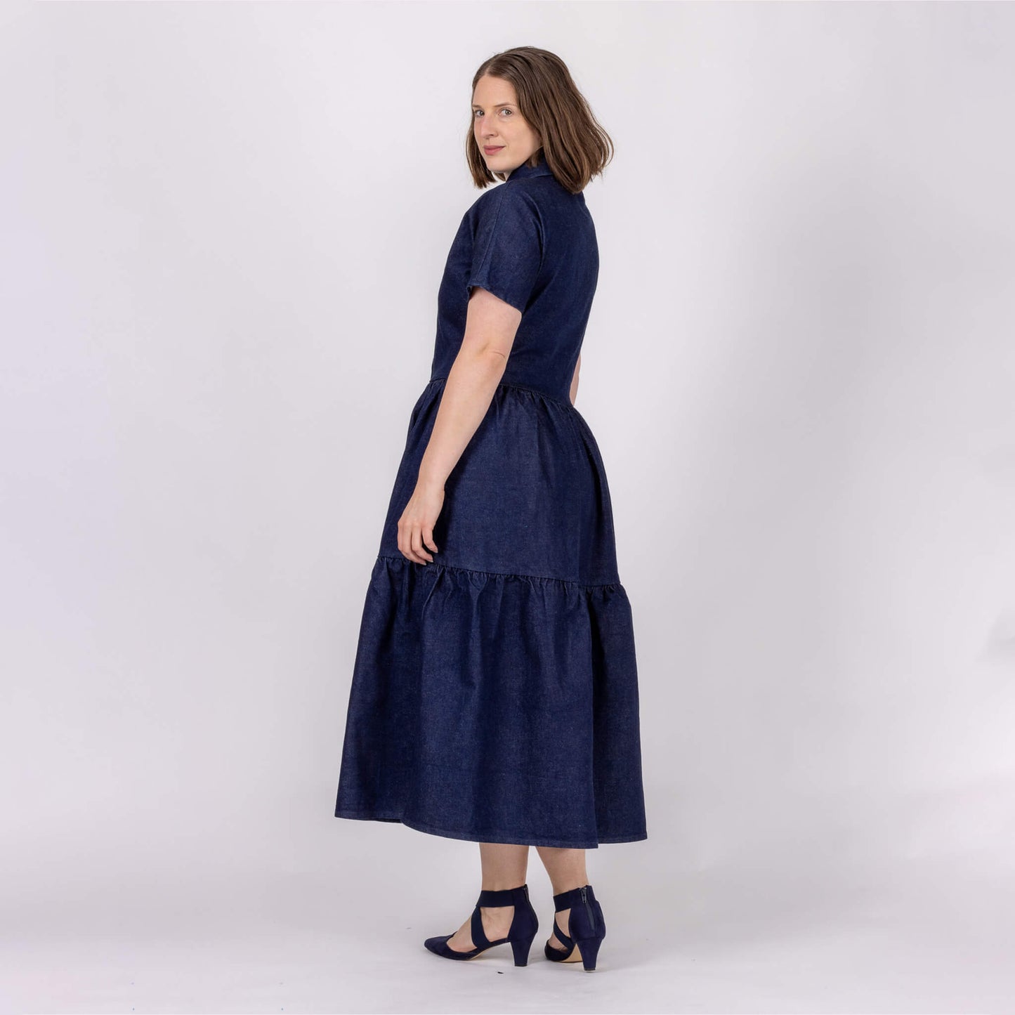jean dress with gathered panels