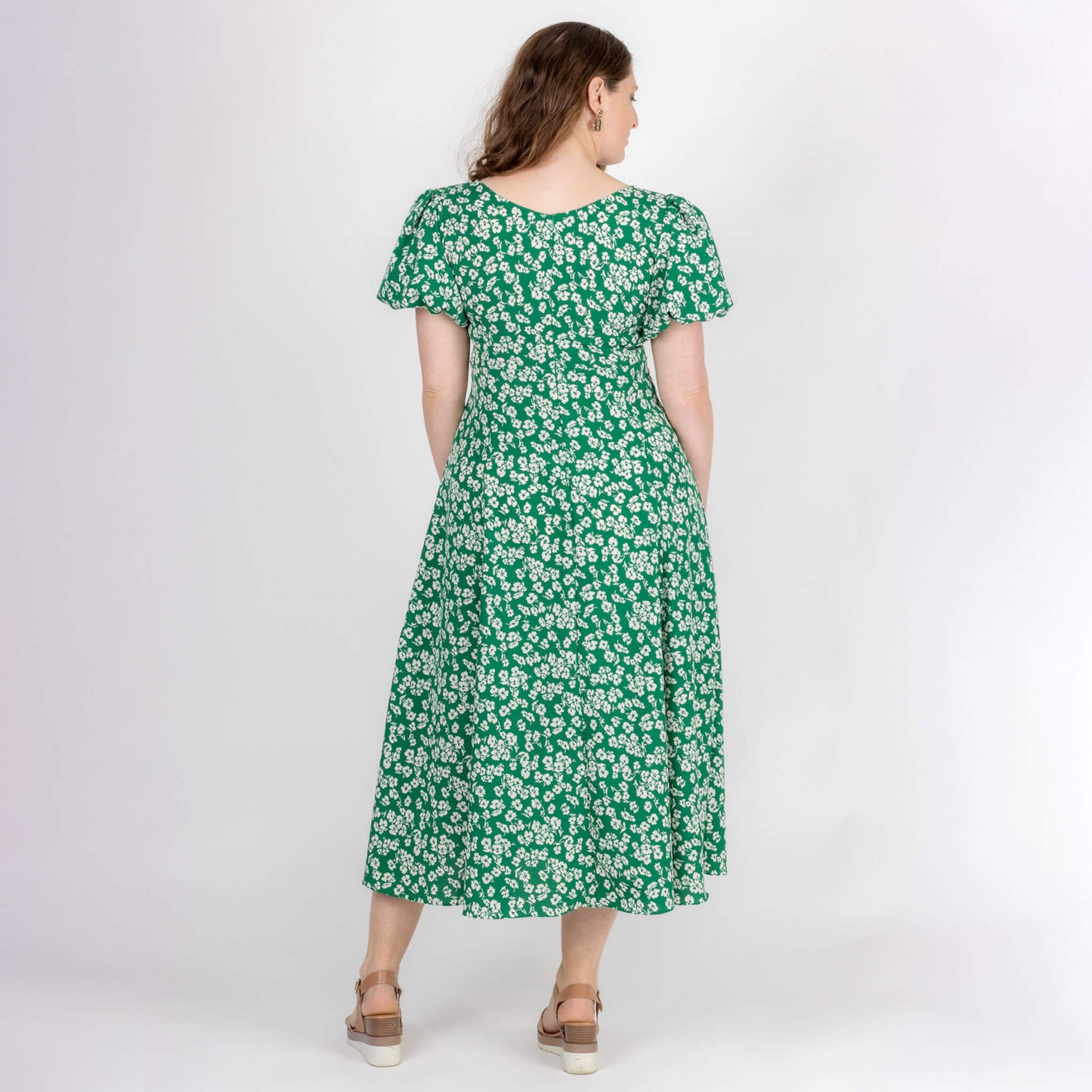 back view of midi dress with puffy sleeves