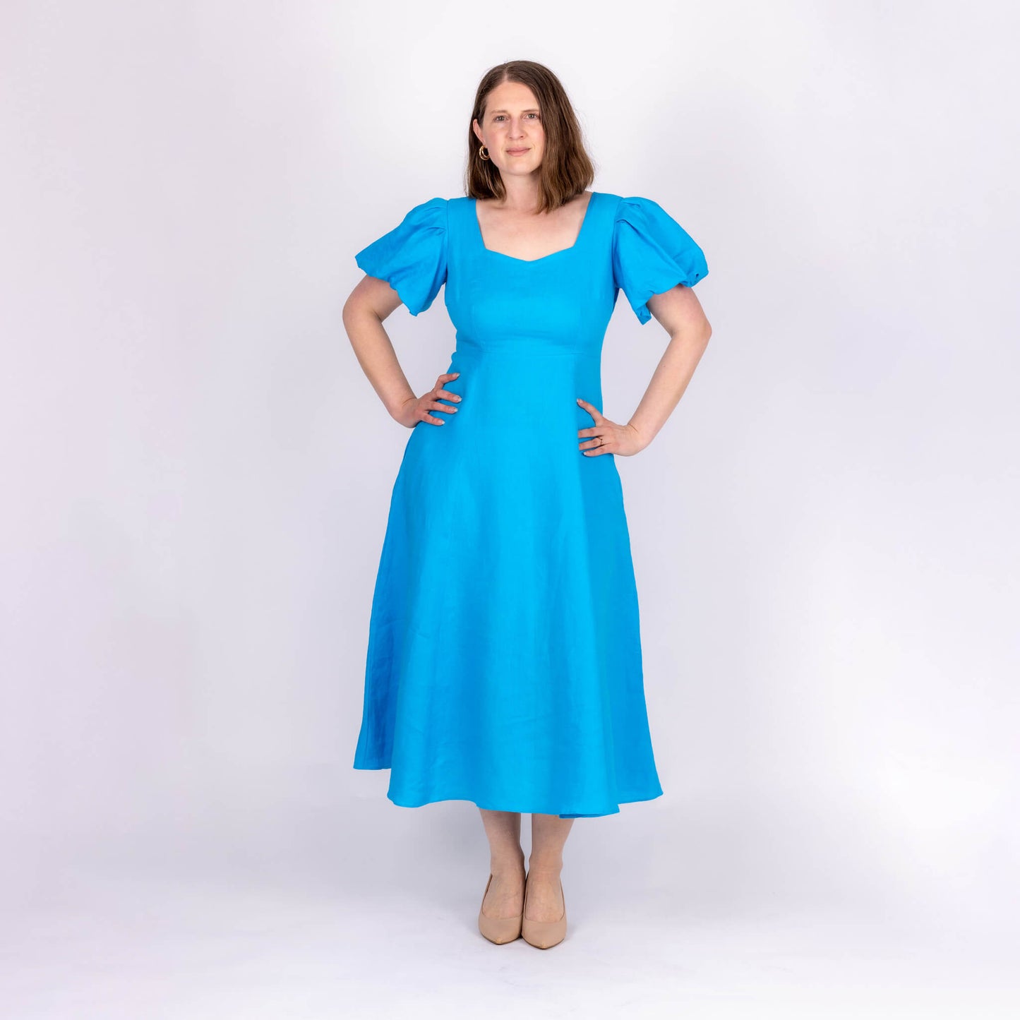 puffy sleeve linen midi dress