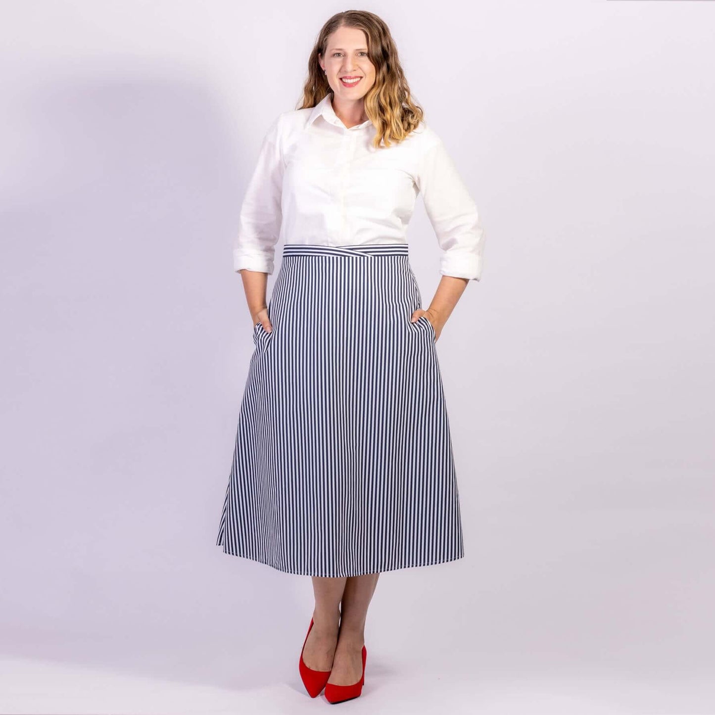 navy and white stripe Aline skirt