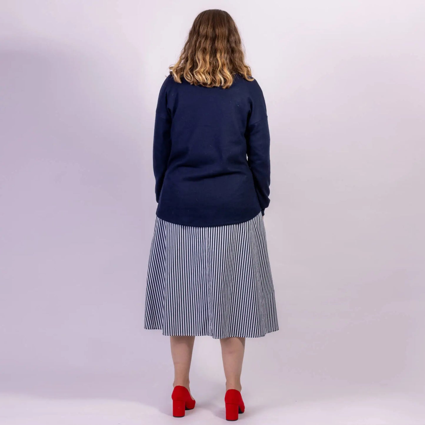 ladies drop hem navy wool sweater