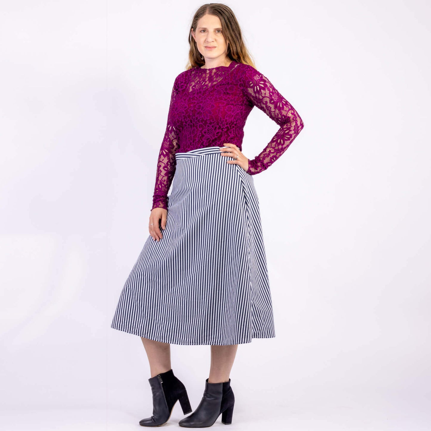 magenta long sleeve lace layering top