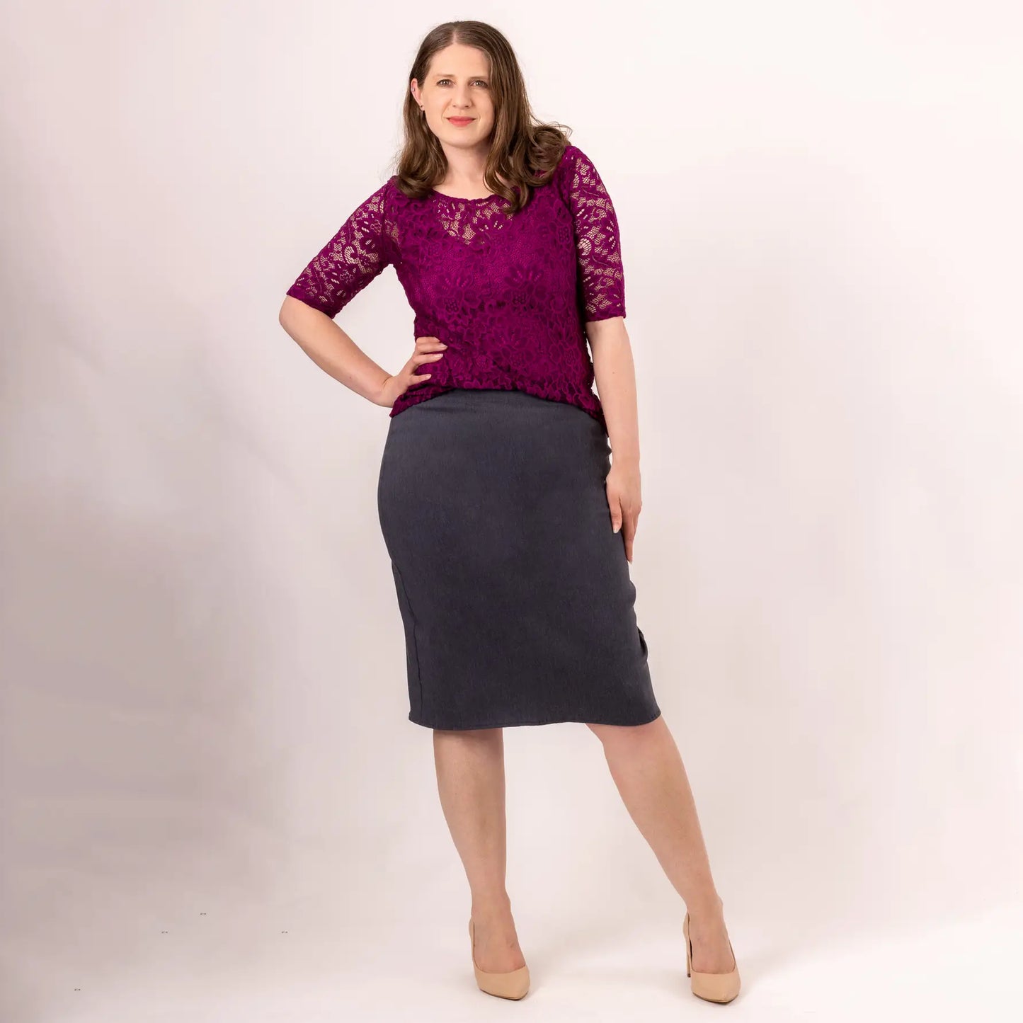 slate grey stretch denim pencil skirt