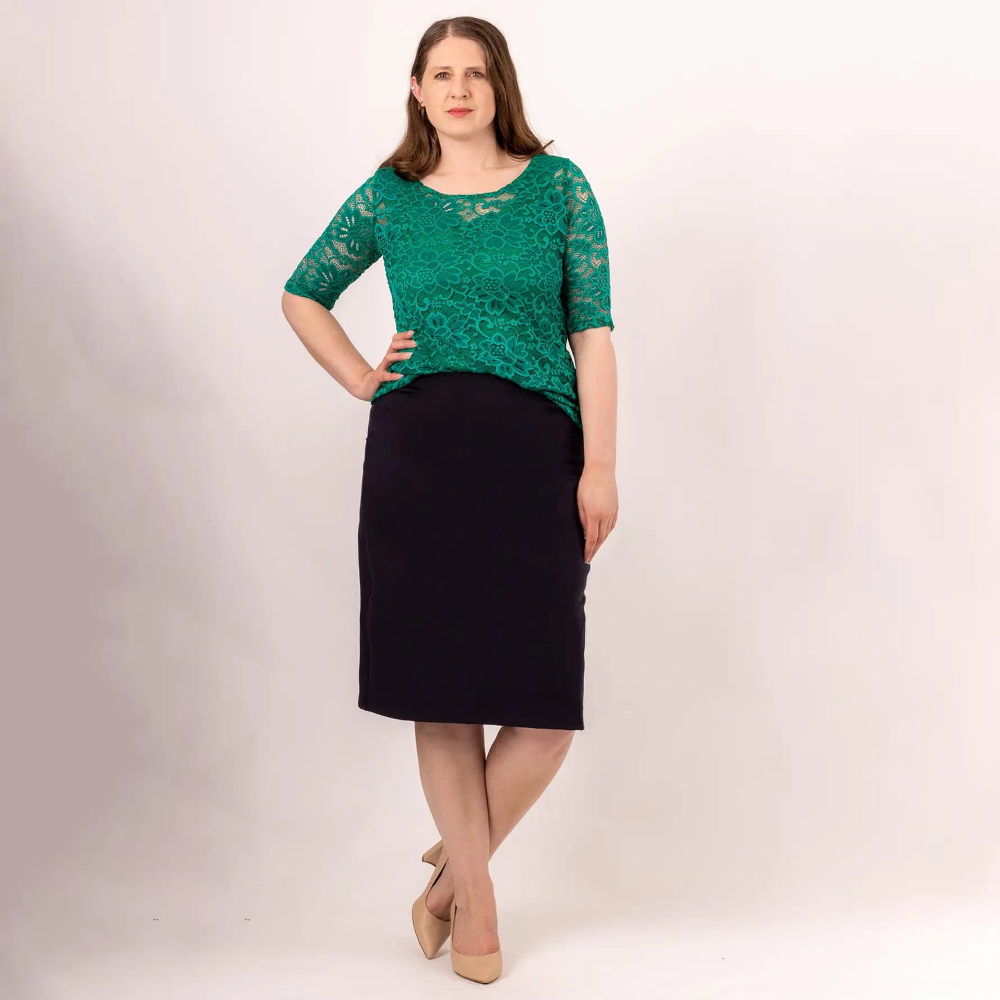 knee length navy ponte skirt