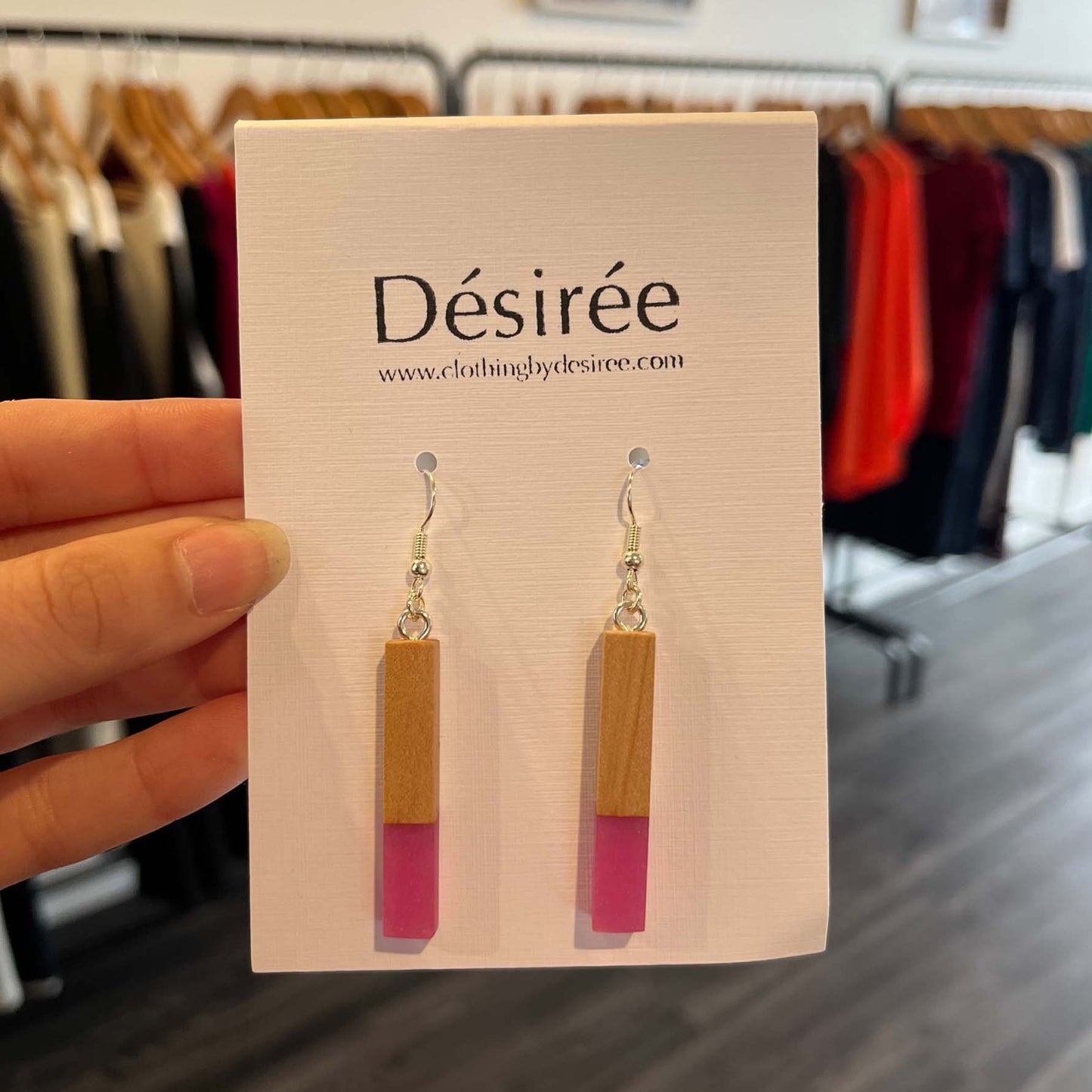 wood and resin rectangle dangly earrings