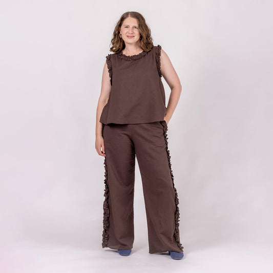 brown linen sleeveless top with ruffle edging