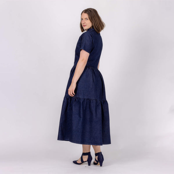 jean dress with gathered panels 