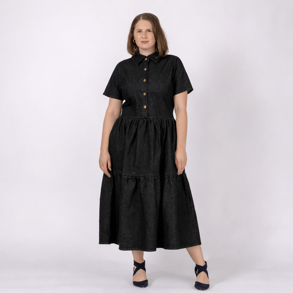 black denim midi dress with collar