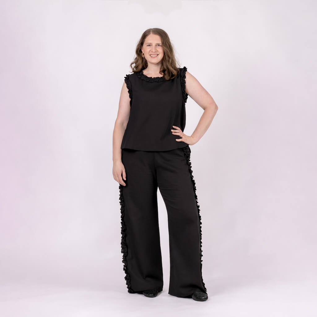 womens black linen sleeveless top with ruffles