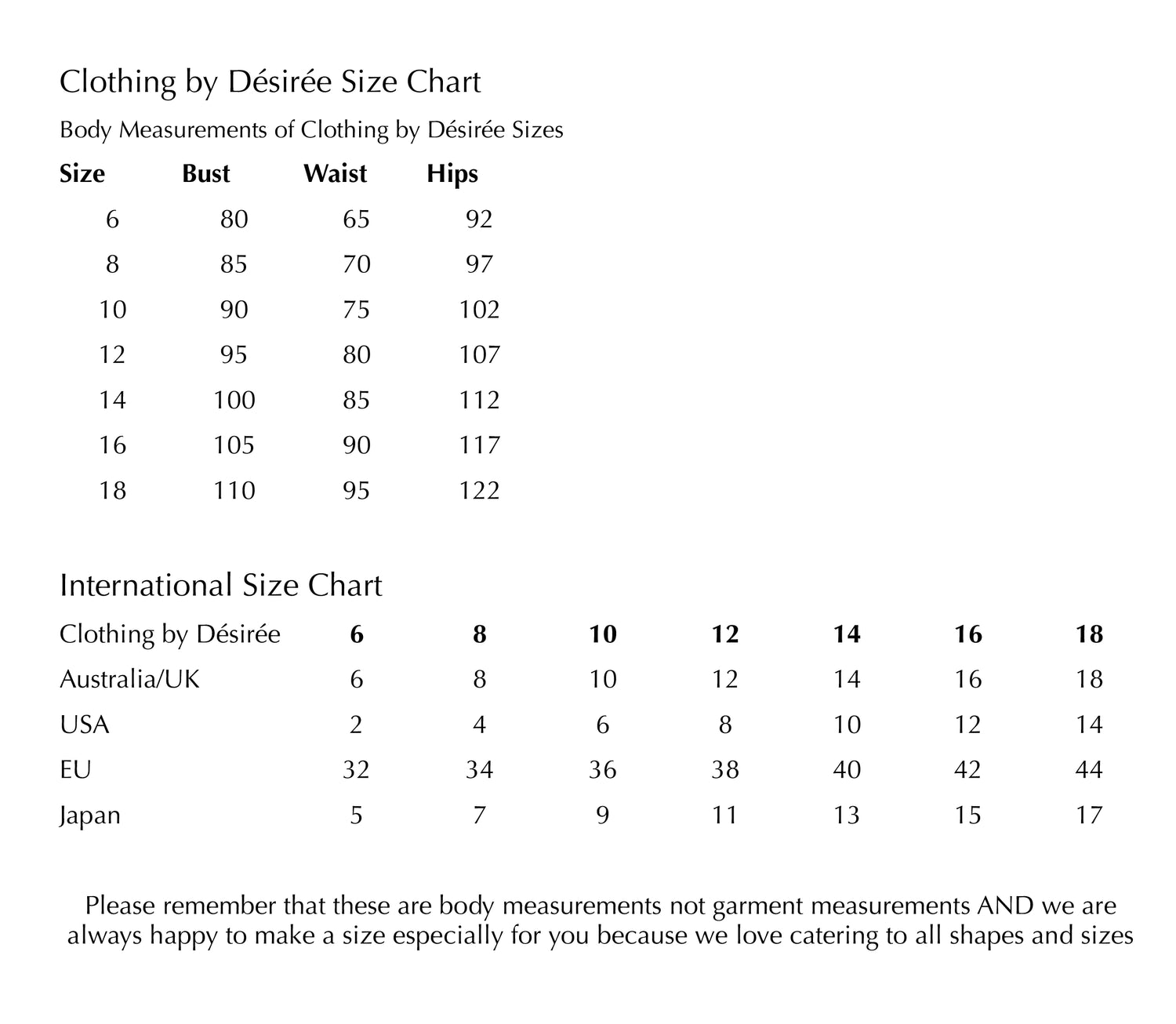 clothing by desiree brand sizing chart