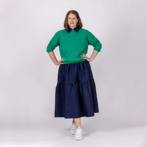 cotton denim midi dress with sweatshirt