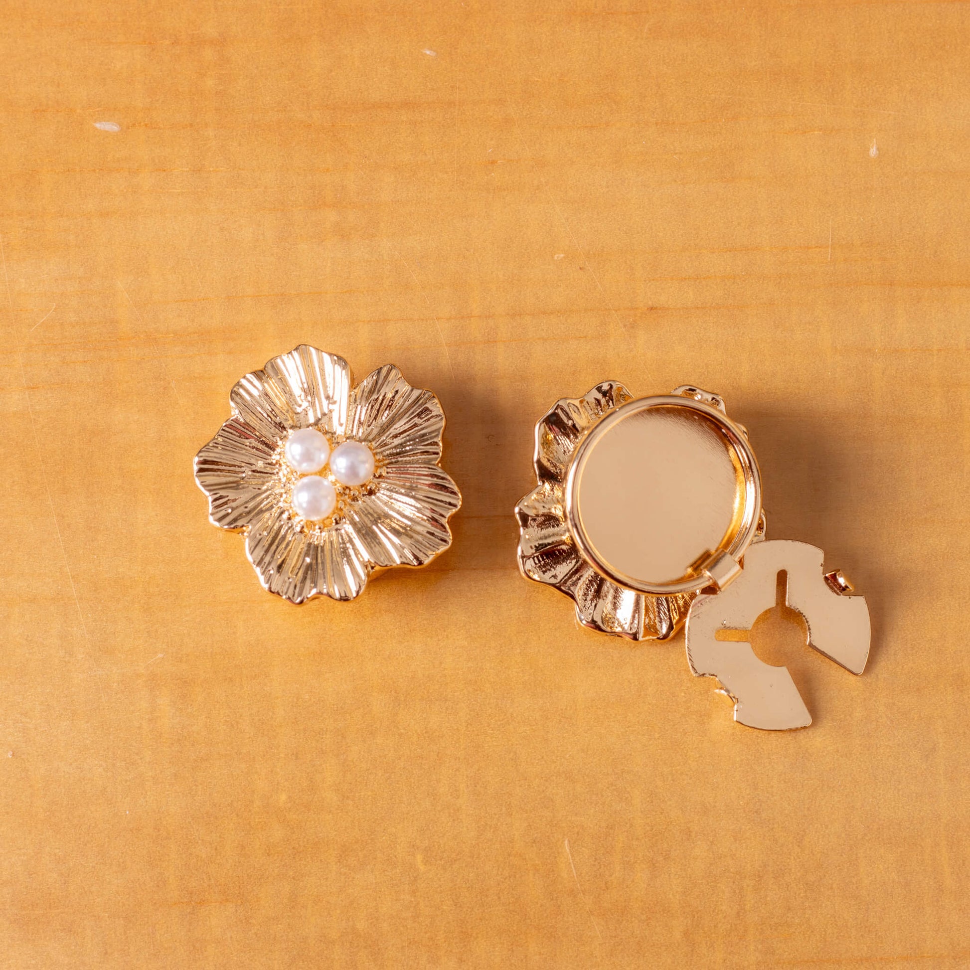 gold flower with pearls clip on button covers
