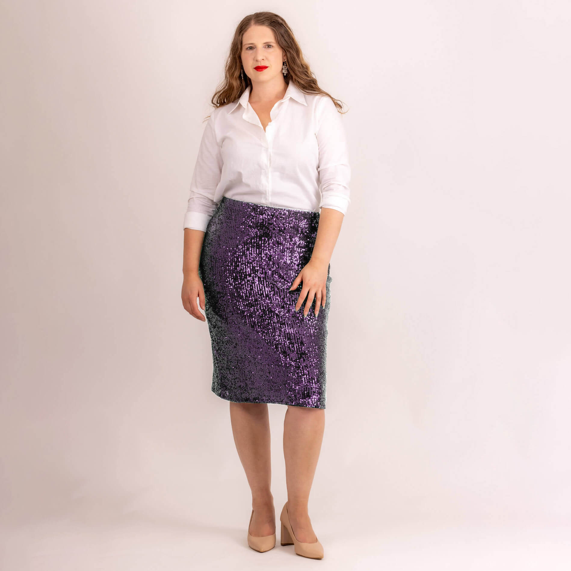 purple sequined stretch skirt worn by women
