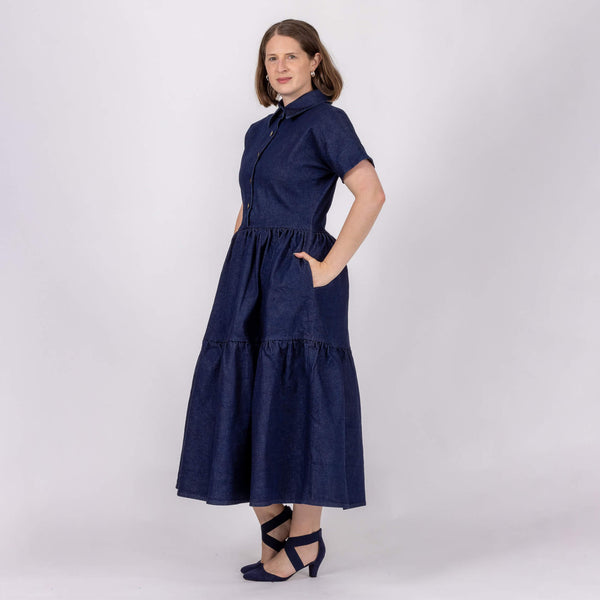 womens designer denim dress in indigo blue