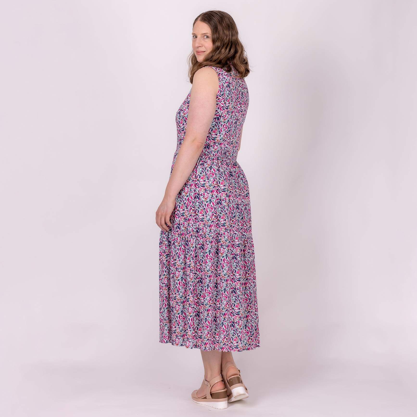 tiered midi shirt dress in pink print