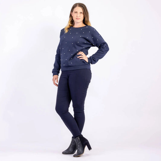 brushed navy cotton sweatshirt with pearl detailing