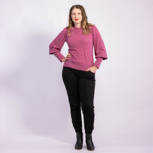merino jersey top in raspberry with full sleeve detail